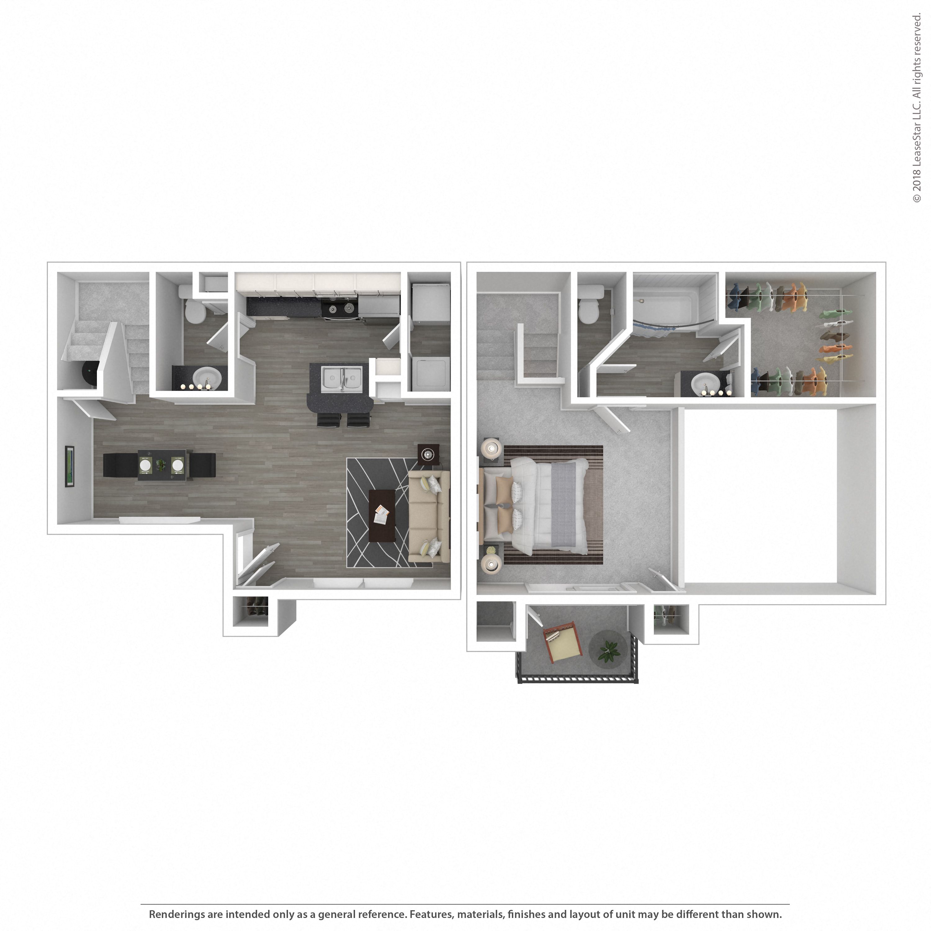 Floor plan for 1 bed, 1.5 baths, 991 sqft